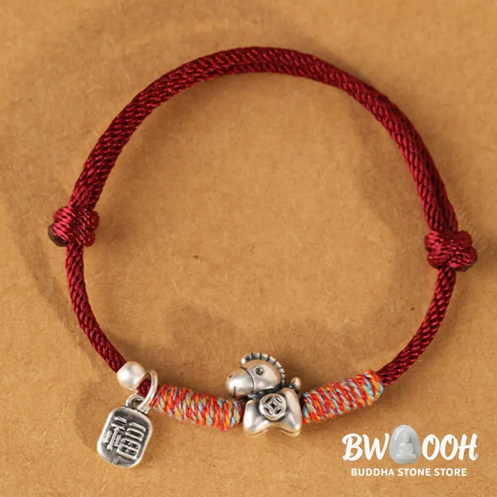 Buddha Stones 999 Sterling Silver Year Of The Horse Fu Character Charm String Braided Luck Bracelet - Bracelet