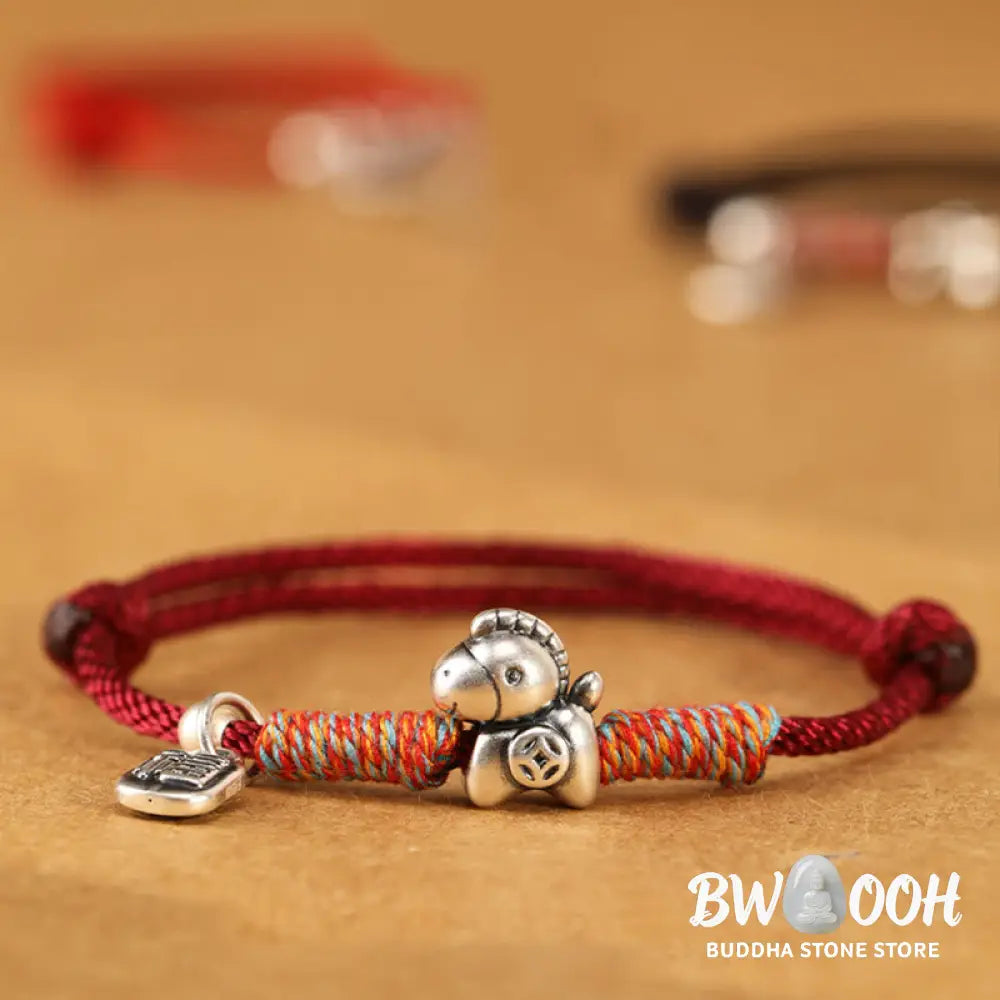 Buddha Stones 999 Sterling Silver Year Of The Horse Fu Character Charm String Braided Luck Bracelet - Bracelet