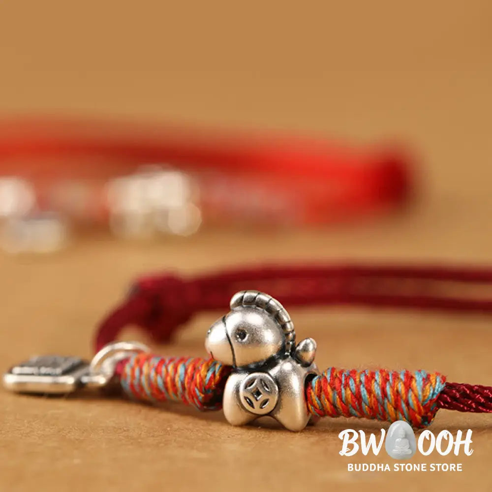Buddha Stones 999 Sterling Silver Year Of The Horse Fu Character Charm String Braided Luck Bracelet - Bracelet