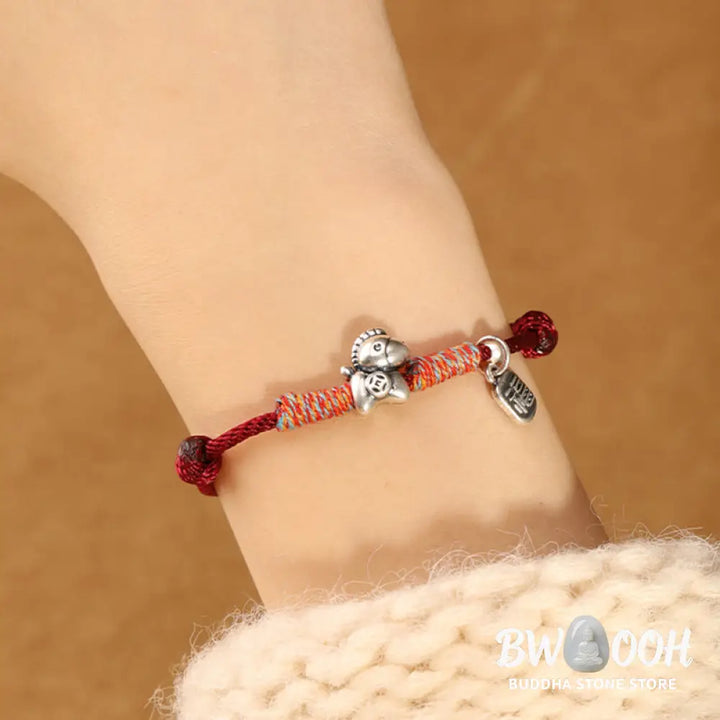 Buddha Stones 999 Sterling Silver Year Of The Horse Fu Character Charm String Braided Luck Bracelet - Bracelet