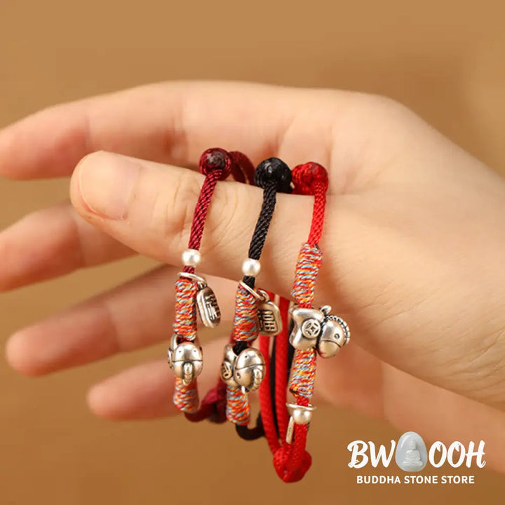 Buddha Stones 999 Sterling Silver Year Of The Horse Fu Character Charm String Braided Luck Bracelet - Bracelet