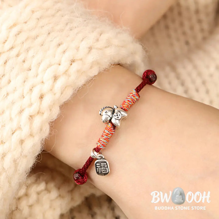 Buddha Stones 999 Sterling Silver Year Of The Horse Fu Character Charm String Braided Luck Bracelet - Bracelet