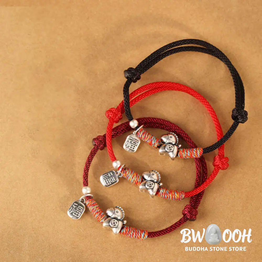 Buddha Stones 999 Sterling Silver Year Of The Horse Fu Character Charm String Braided Luck Bracelet - Bracelet