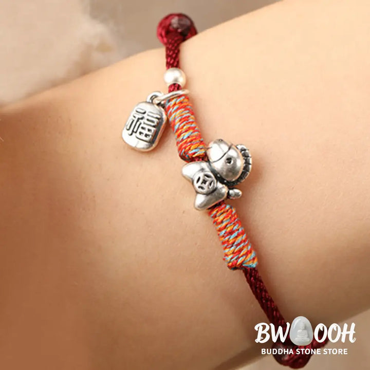 Buddha Stones 999 Sterling Silver Year Of The Horse Fu Character Charm String Braided Luck Bracelet - Bracelet