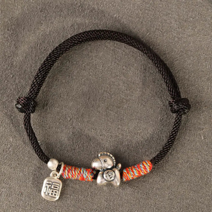 Buddha Stones 999 Sterling Silver Year Of The Horse Fu Character Charm String Braided Luck Bracelet - Blue String(Wrist