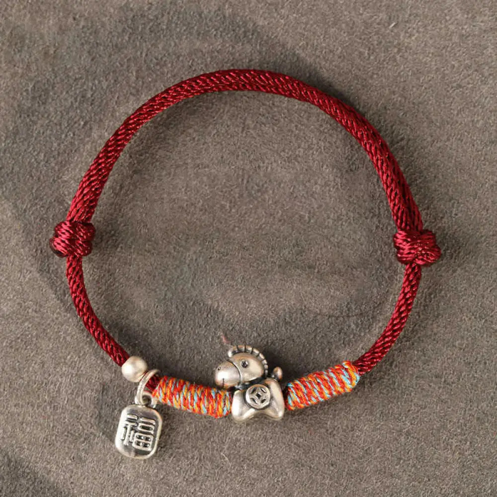 Buddha Stones 999 Sterling Silver Year Of The Horse Fu Character Charm String Braided Luck Bracelet - DarkRed