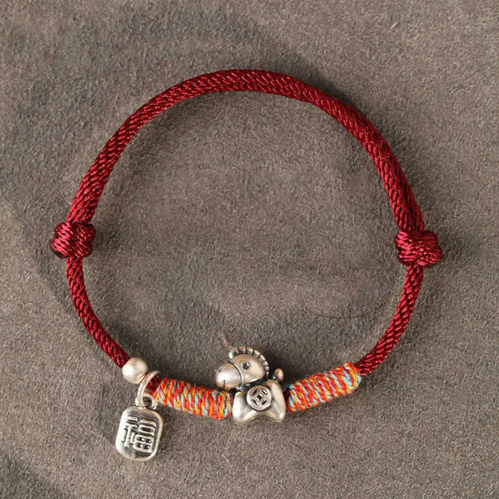 Buddha Stones 999 Sterling Silver Year Of The Horse Fu Character Charm String Braided Luck Bracelet - DarkRed
