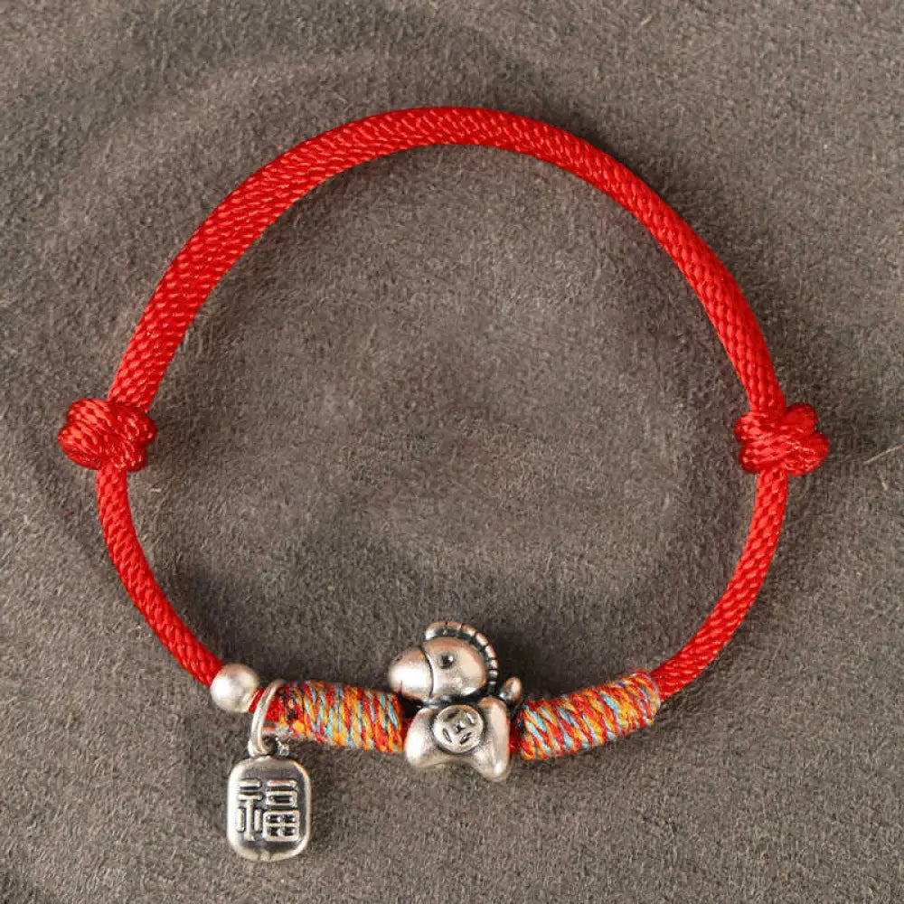 Buddha Stones 999 Sterling Silver Year Of The Horse Fu Character Charm String Braided Luck Bracelet - Red String(Wrist