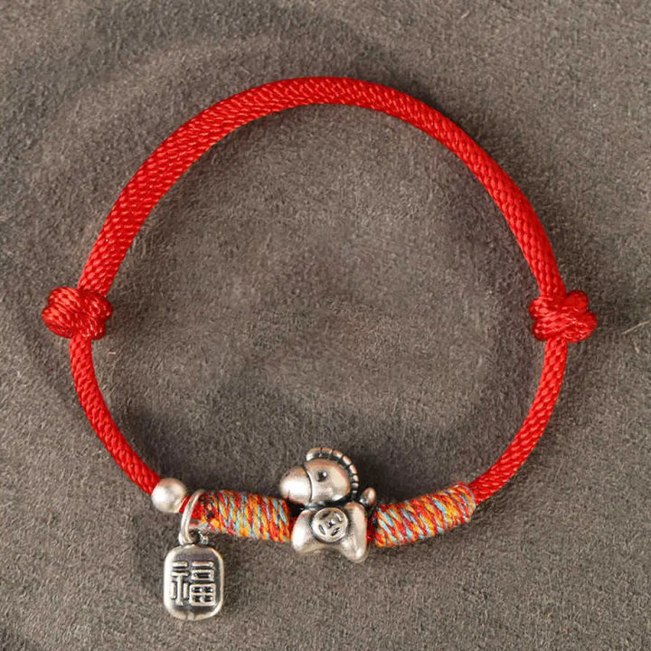 Buddha Stones 999 Sterling Silver Year Of The Horse Fu Character Charm String Braided Luck Bracelet - Red String(Wrist