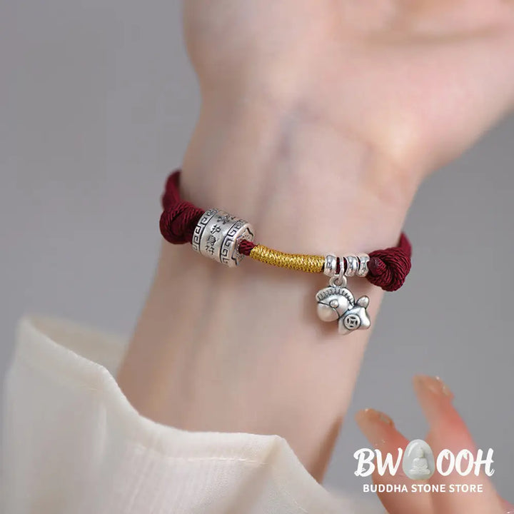 Buddha Stones 999 Sterling Silver Year Of The Horse Lucky Bead Protection Red Rope Bracelet - Horse &amp; Red Rope(Wrist