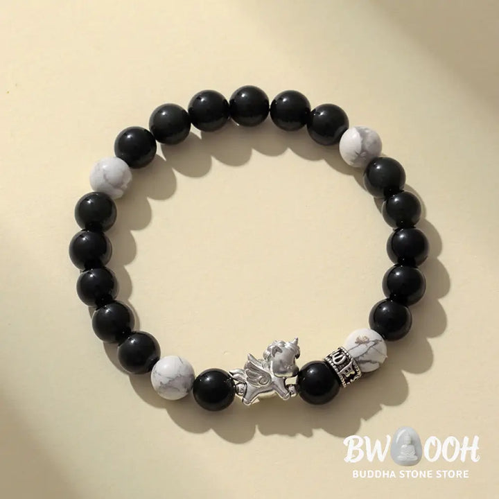 Buddha Stones 999 Sterling Silver Year Of The Horse Natural Black Obsidian Bodhi Seed Strength Bracelet - Bracelet