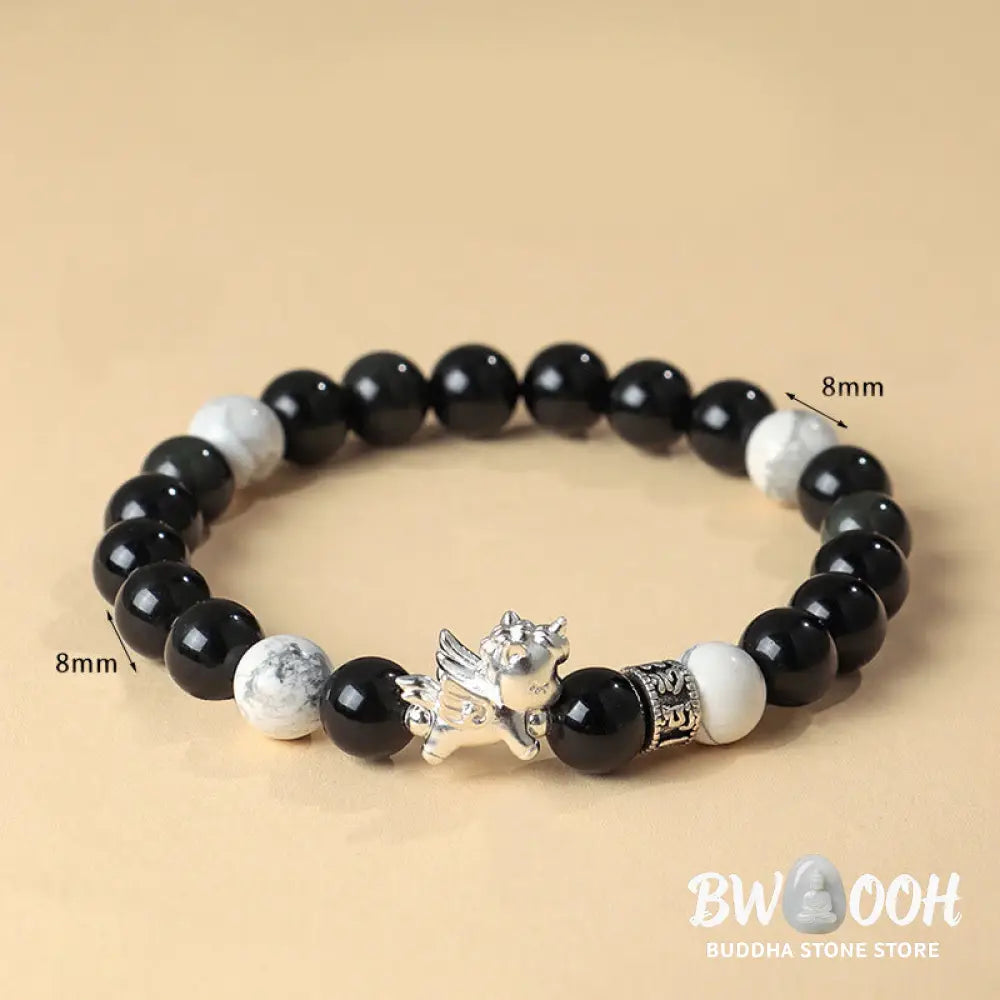 Buddha Stones 999 Sterling Silver Year Of The Horse Natural Black Obsidian Bodhi Seed Strength Bracelet - Bracelet