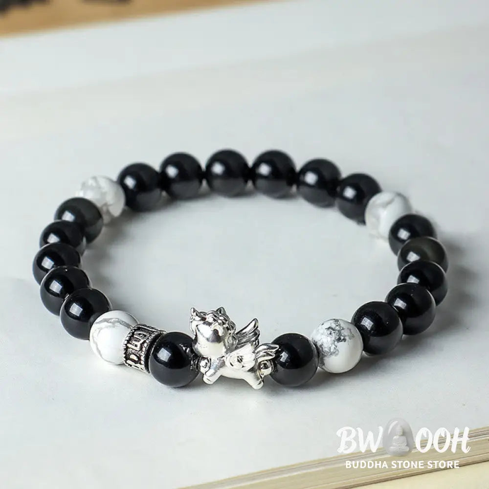 Buddha Stones 999 Sterling Silver Year Of The Horse Natural Black Obsidian Bodhi Seed Strength Bracelet - Bracelet