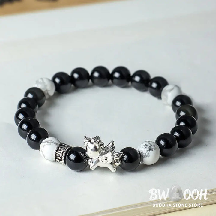 Buddha Stones 999 Sterling Silver Year Of The Horse Natural Black Obsidian Bodhi Seed Strength Bracelet - Bracelet