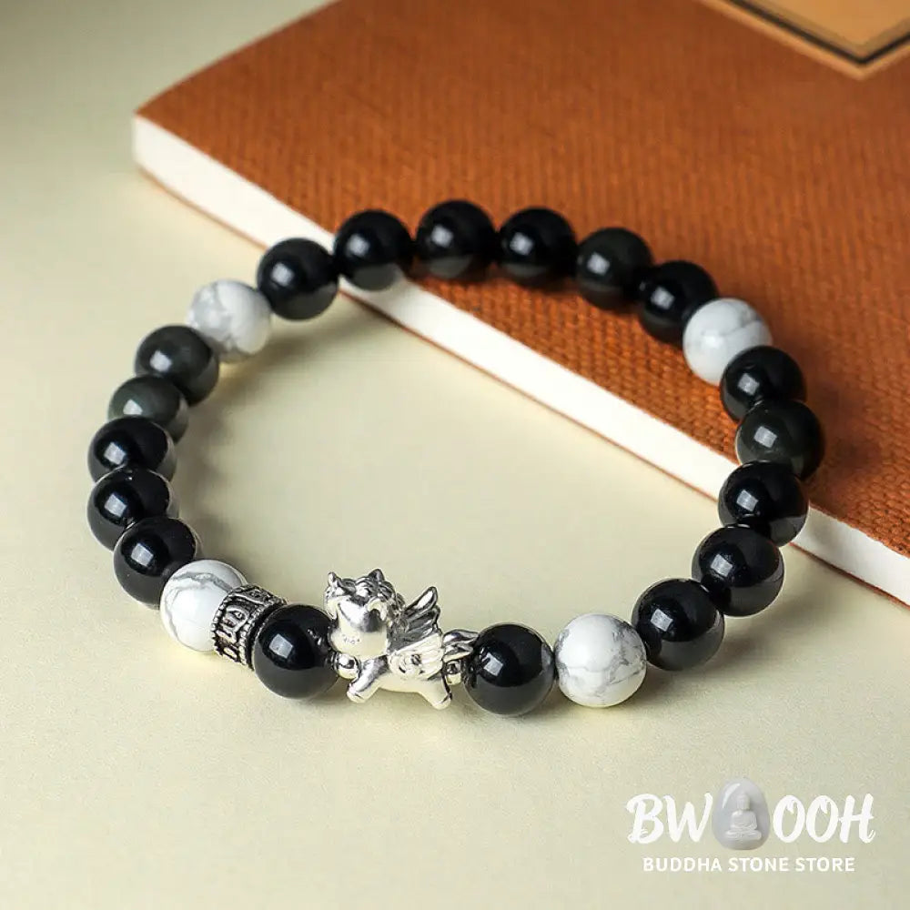Buddha Stones 999 Sterling Silver Year Of The Horse Natural Black Obsidian Bodhi Seed Strength Bracelet - Bracelet