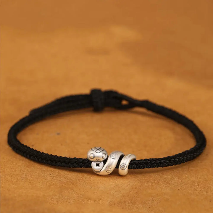 Buddha Stones 999 Sterling Silver Year of the Snake Handmade Copper Coin Protection Braided Bracelet - BWOOOH - Black