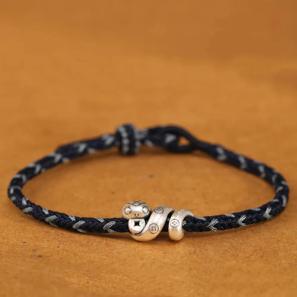 Buddha Stones 999 Sterling Silver Year of the Snake Handmade Copper Coin Protection Braided Bracelet - BWOOOH - Blue