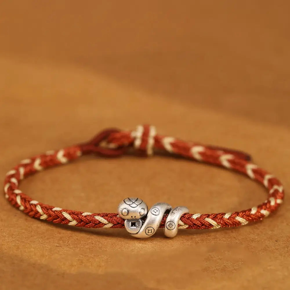 Buddha Stones 999 Sterling Silver Year of the Snake Handmade Copper Coin Protection Braided Bracelet - BWOOOH - Caramel