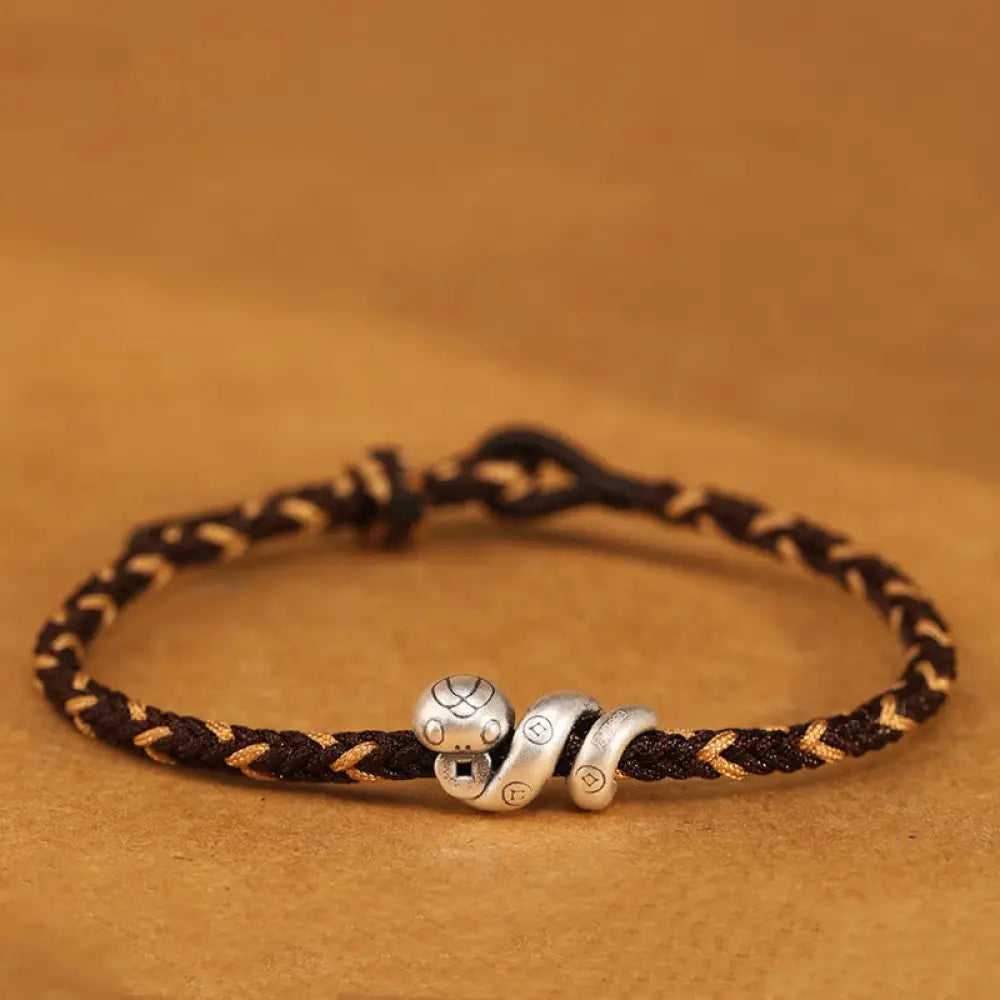 Buddha Stones 999 Sterling Silver Year of the Snake Handmade Copper Coin Protection Braided Bracelet - BWOOOH - Coffee