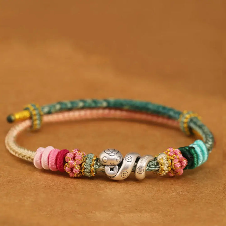 Buddha Stones 999 Sterling Silver Year of the Snake Handmade Copper Coin Protection Braided Bracelet - BWOOOH - Green
