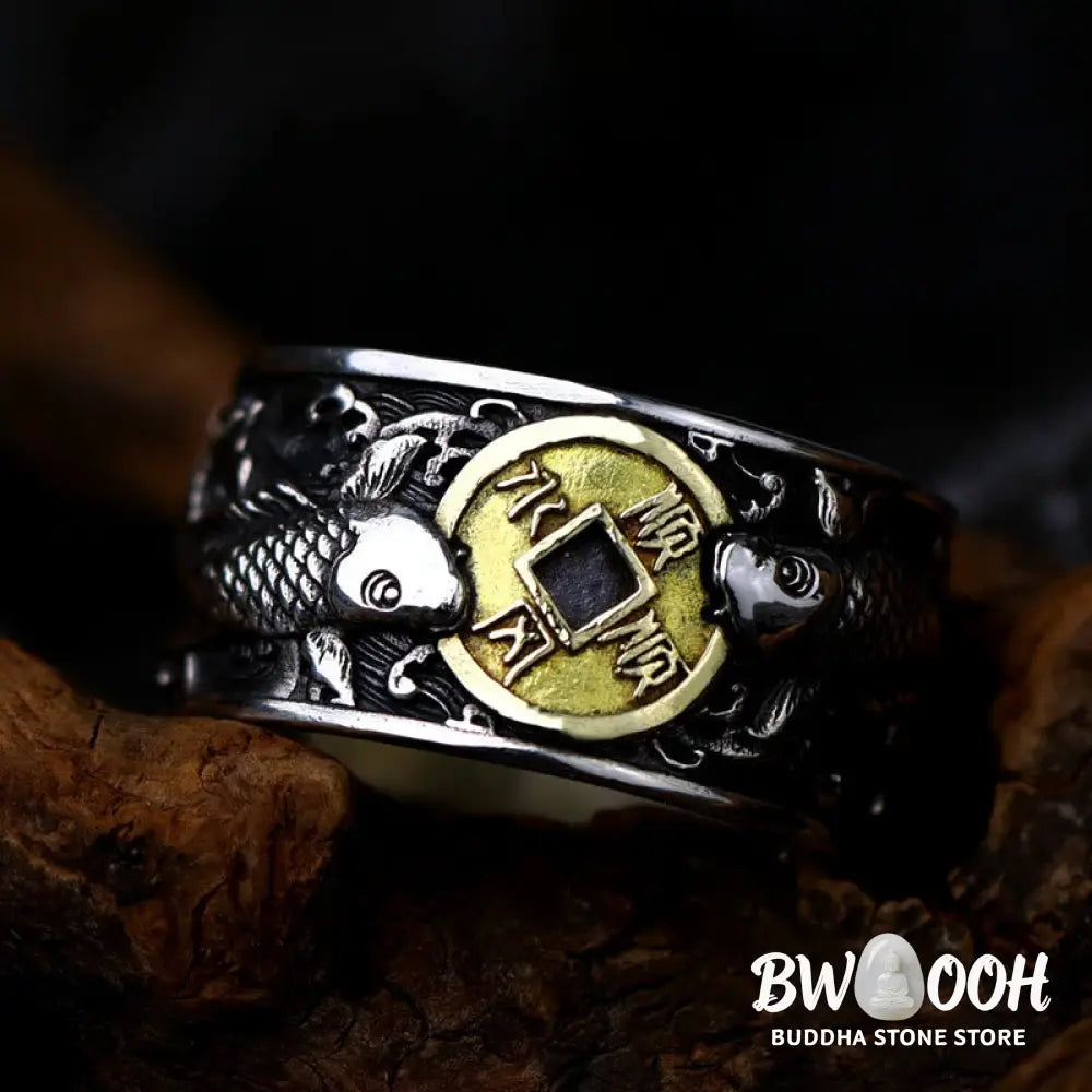 Buddha Stones Adjustable Opening 925 Sterling Silver Lucky Koi Fish Copper Coin Auspicious Clouds Wealth Ring - Ring