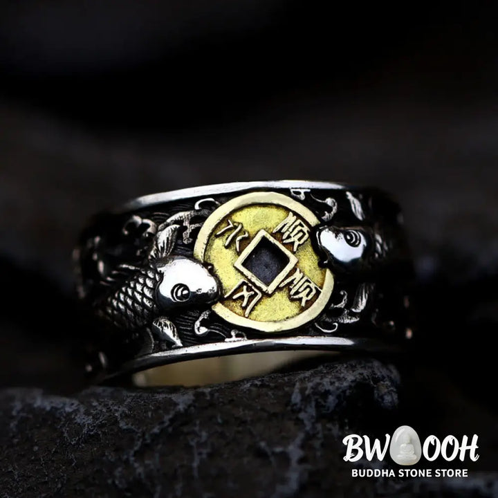 Buddha Stones Adjustable Opening 925 Sterling Silver Lucky Koi Fish Copper Coin Auspicious Clouds Wealth Ring - Ring