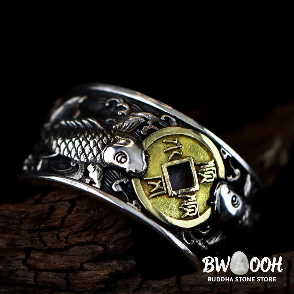 Buddha Stones Adjustable Opening 925 Sterling Silver Lucky Koi Fish Copper Coin Auspicious Clouds Wealth Ring - Ring