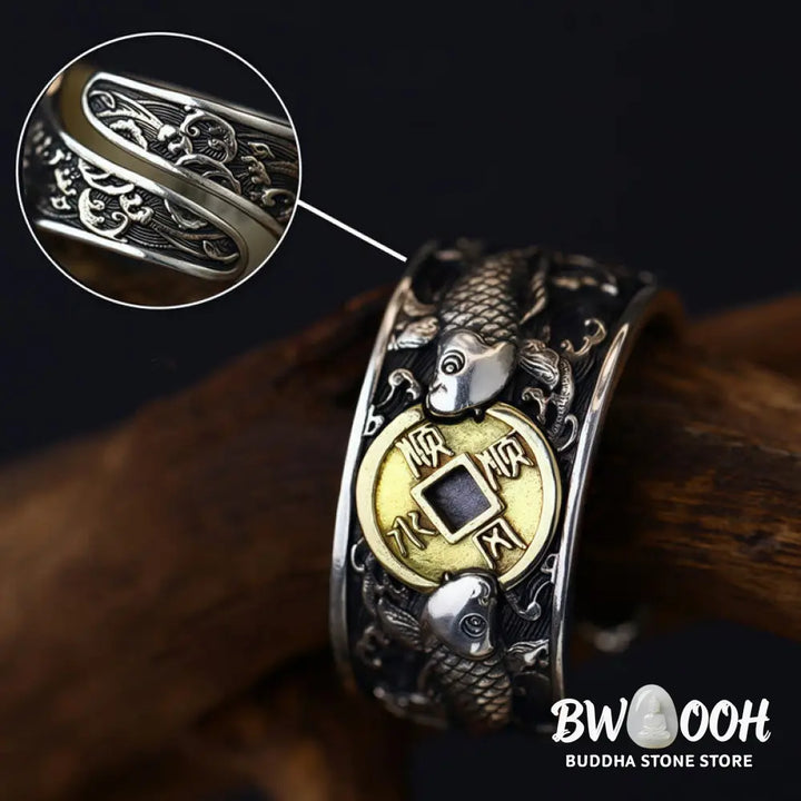 Buddha Stones Adjustable Opening 925 Sterling Silver Lucky Koi Fish Copper Coin Auspicious Clouds Wealth Ring - Ring