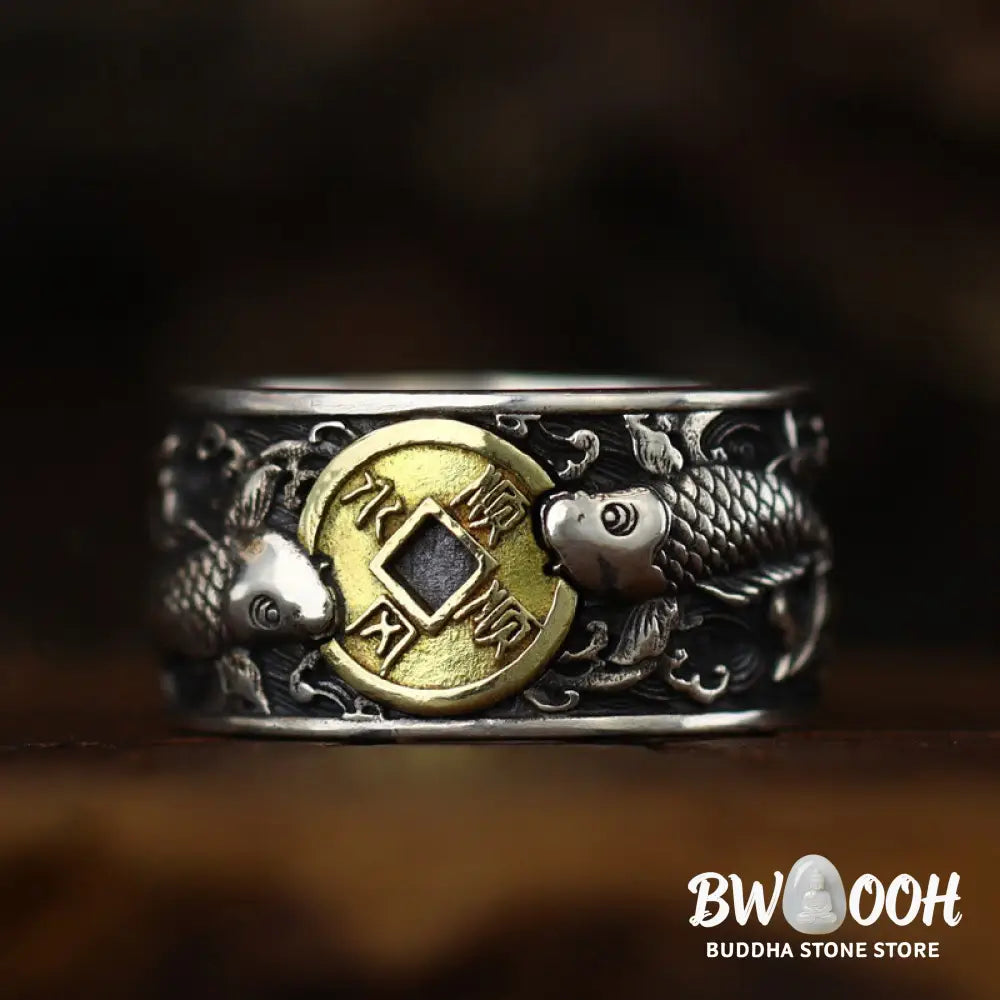 Buddha Stones Adjustable Opening 925 Sterling Silver Lucky Koi Fish Copper Coin Auspicious Clouds Wealth Ring - Ring