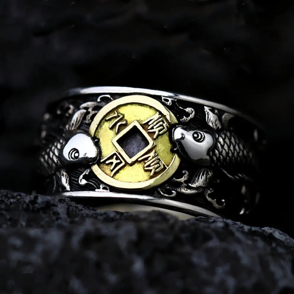 BWOOOH Adjustable Opening 925 Sterling Silver Lucky Koi Fish Copper Coin Auspicious Clouds Wealth Ring — Sterling Silver s...