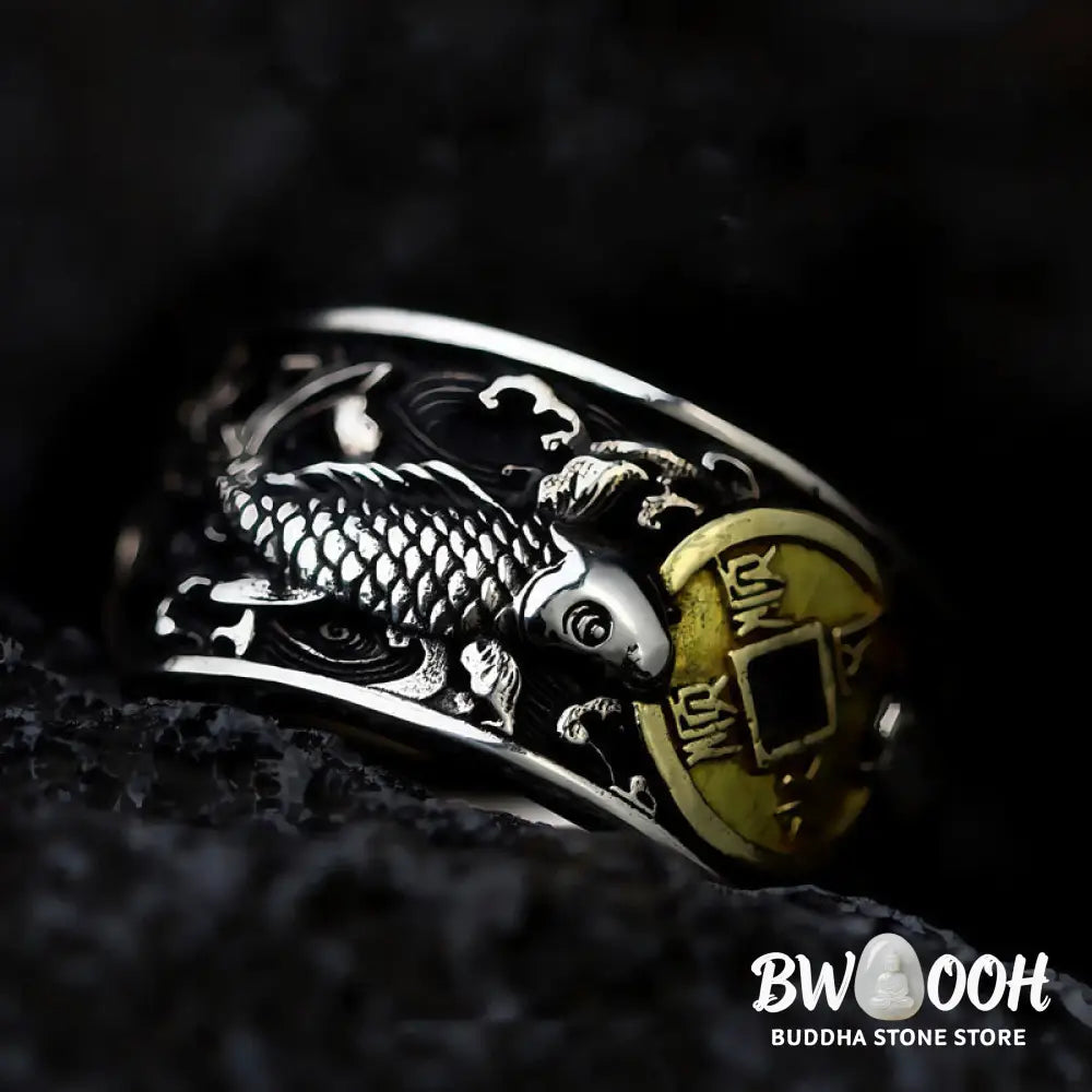 Buddha Stones Adjustable Opening 925 Sterling Silver Lucky Koi Fish Copper Coin Auspicious Clouds Wealth Ring - Ring