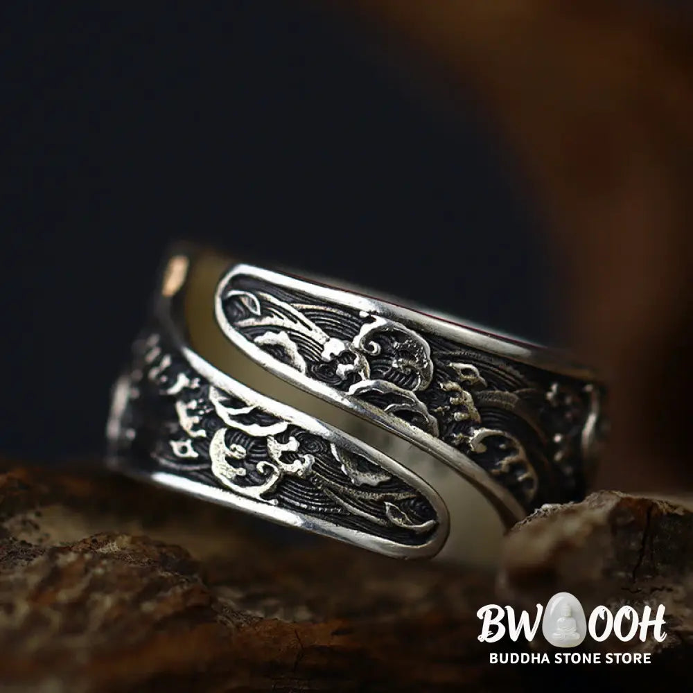 Buddha Stones Adjustable Opening 925 Sterling Silver Lucky Koi Fish Copper Coin Auspicious Clouds Wealth Ring - Ring