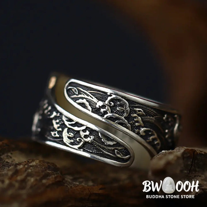 Buddha Stones Adjustable Opening 925 Sterling Silver Lucky Koi Fish Copper Coin Auspicious Clouds Wealth Ring - Ring