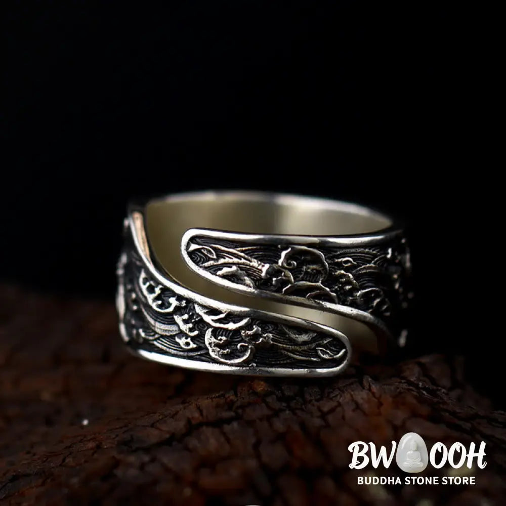 Buddha Stones Adjustable Opening 925 Sterling Silver Lucky Koi Fish Copper Coin Auspicious Clouds Wealth Ring - Ring