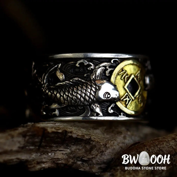 Buddha Stones Adjustable Opening 925 Sterling Silver Lucky Koi Fish Copper Coin Auspicious Clouds Wealth Ring - Ring