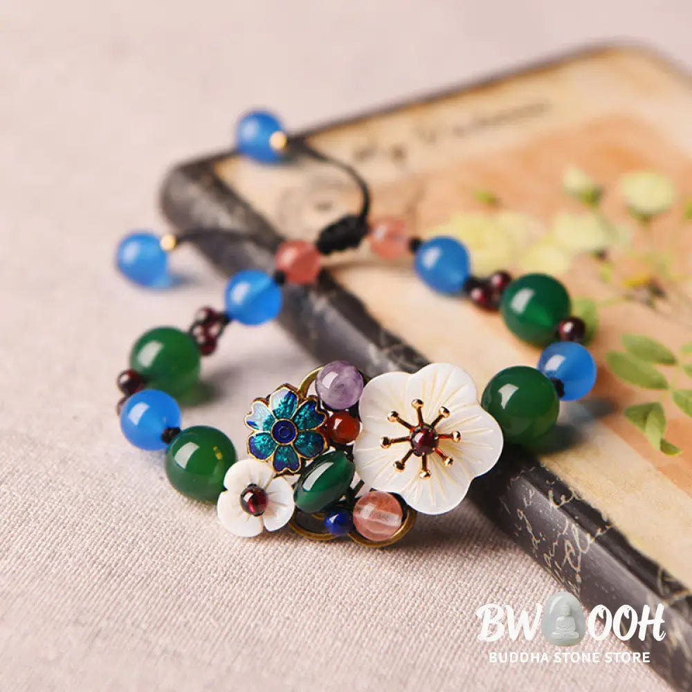 Buddha Stones Agate Shell Flower Support Bracelet - BWOOOH - Green Agate&Blue Agate(Wrist Circumference: 5.5-7.9in)