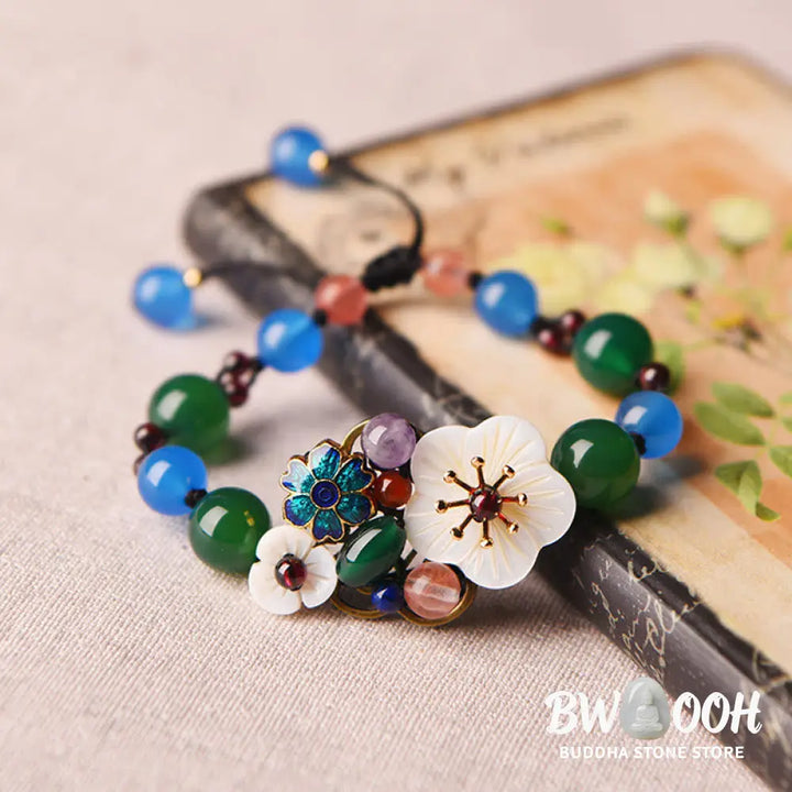 Buddha Stones Agate Shell Flower Support Bracelet - BWOOOH - Green Agate&amp;Blue Agate(Wrist Circumference: 5.5-7.9in)