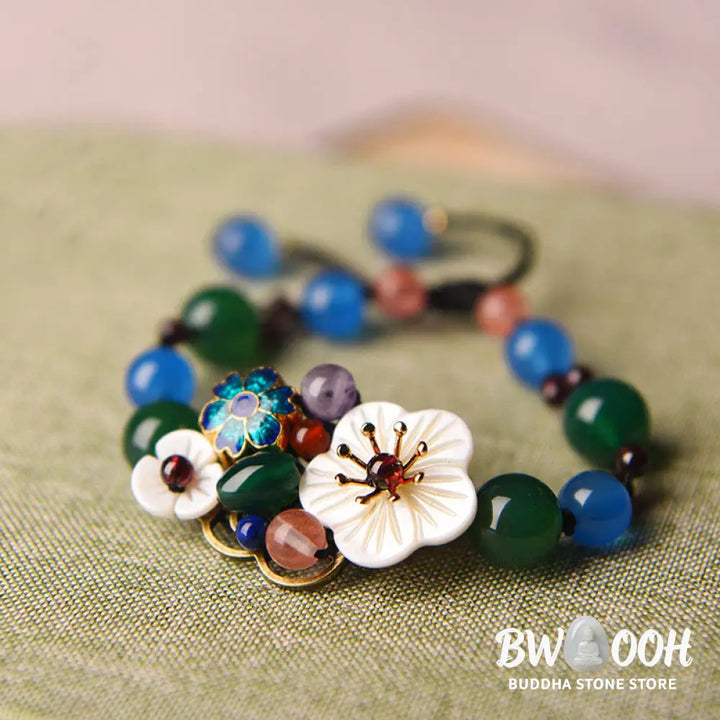 Buddha Stones Agate Shell Flower Support Bracelet - BWOOOH - Green Agate&amp;Blue Agate(Wrist Circumference: 5.5-7.9in)