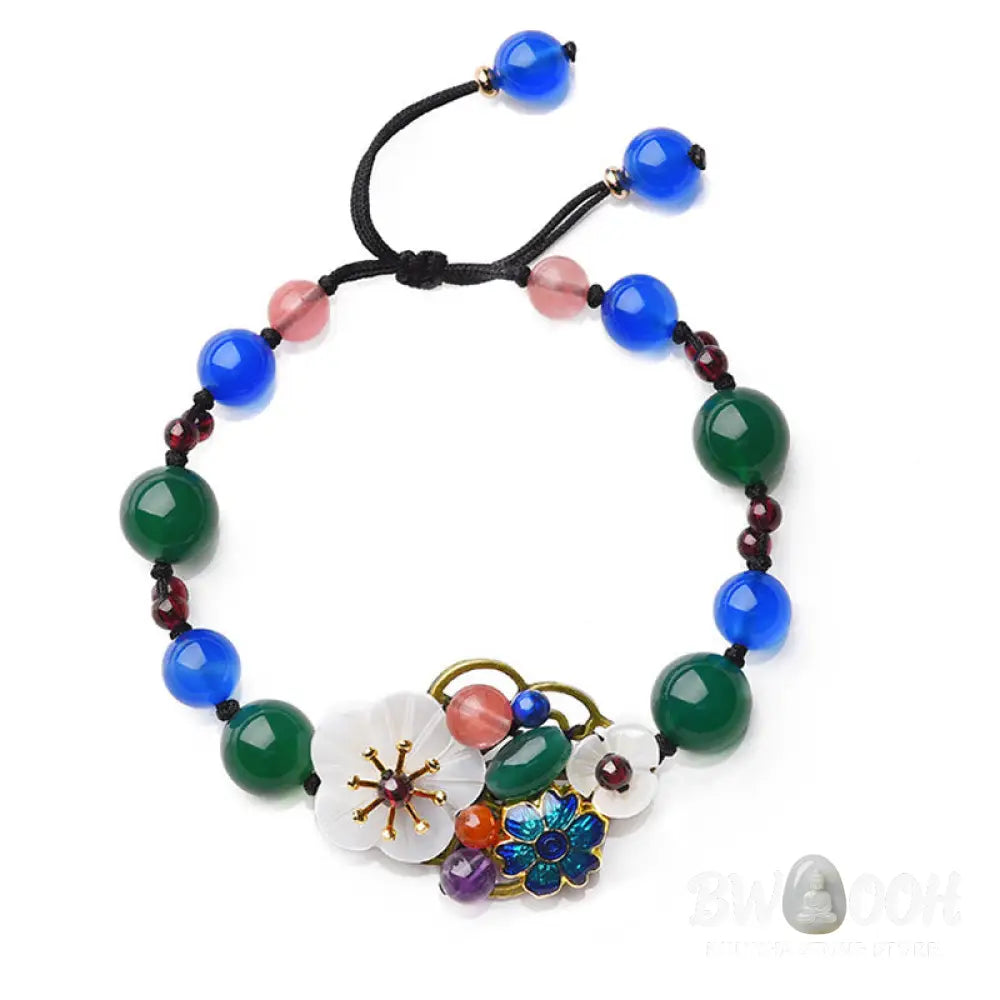 Buddha Stones Agate Shell Flower Support Bracelet - BWOOOH - Green Agate&amp;Blue Agate(Wrist Circumference: 5.5-7.9in)