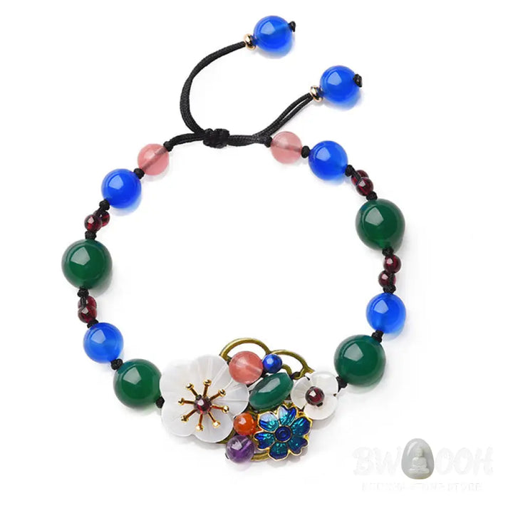Buddha Stones Agate Shell Flower Support Bracelet - BWOOOH - Green Agate&amp;Blue Agate(Wrist Circumference: 5.5-7.9in)