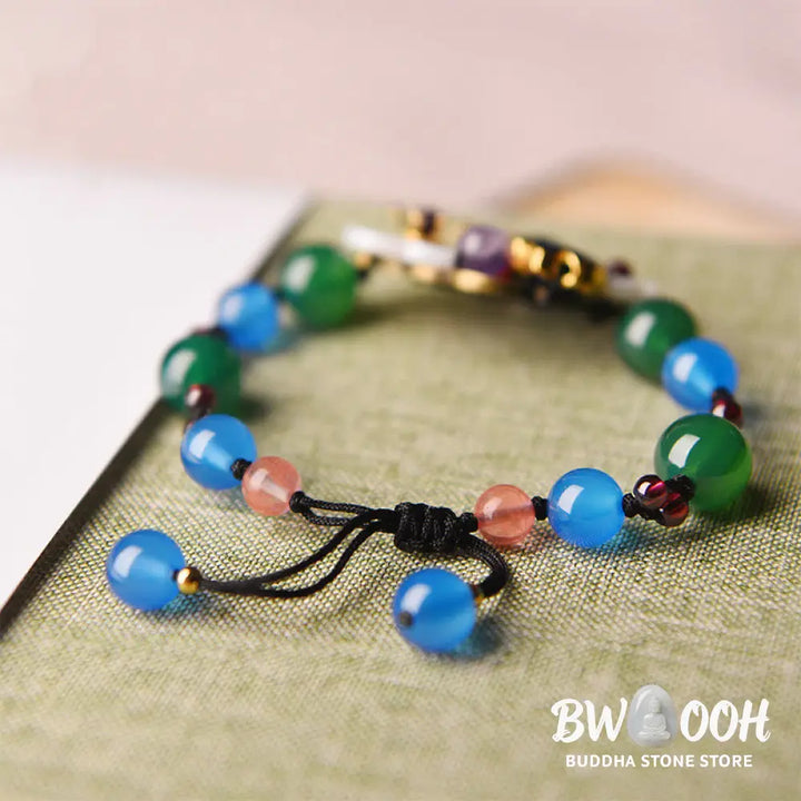 Buddha Stones Agate Shell Flower Support Bracelet - BWOOOH - Green Agate&amp;Blue Agate(Wrist Circumference: 5.5-7.9in)