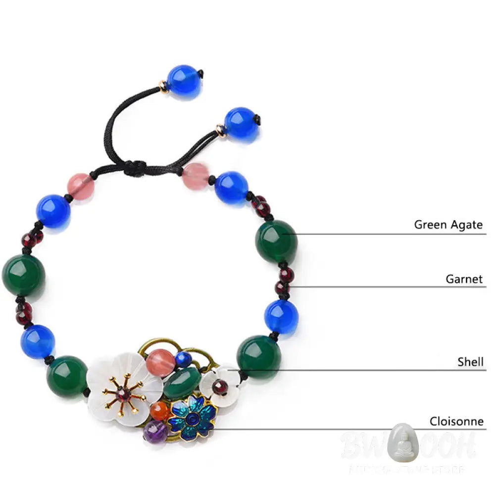 Buddha Stones Agate Shell Flower Support Bracelet - BWOOOH - Green Agate&amp;Blue Agate(Wrist Circumference: 5.5-7.9in)