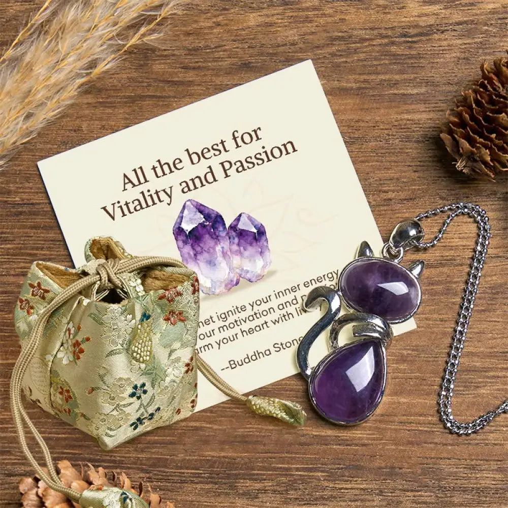 Buddha Stones ’All the best for Calm and Wisdom’ Cat Amethyst Necklace Includes Gift Message Card - BWOOOH - Amethyst
