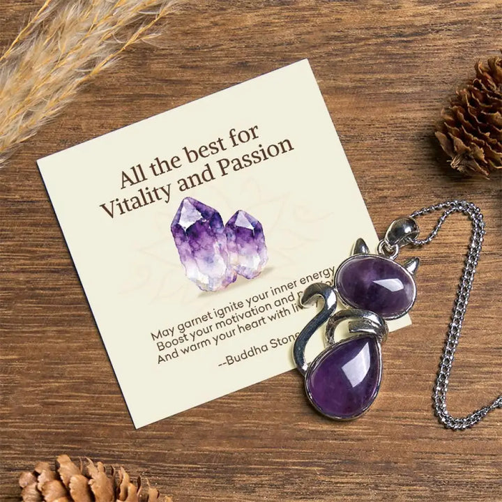 Buddha Stones ’All the best for Calm and Wisdom’ Cat Amethyst Necklace Includes Gift Message Card - BWOOOH - Amethyst