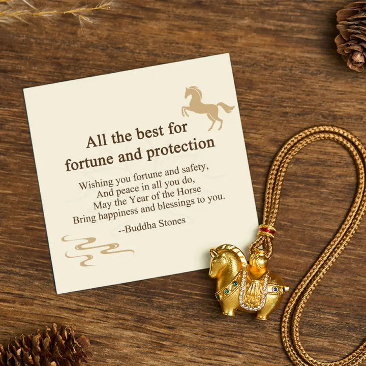 Buddha Stones ’All The Best For Fortune And Protection’ Year Of The Horse 24k Gold Plated Brass Necklace Includes Gift
