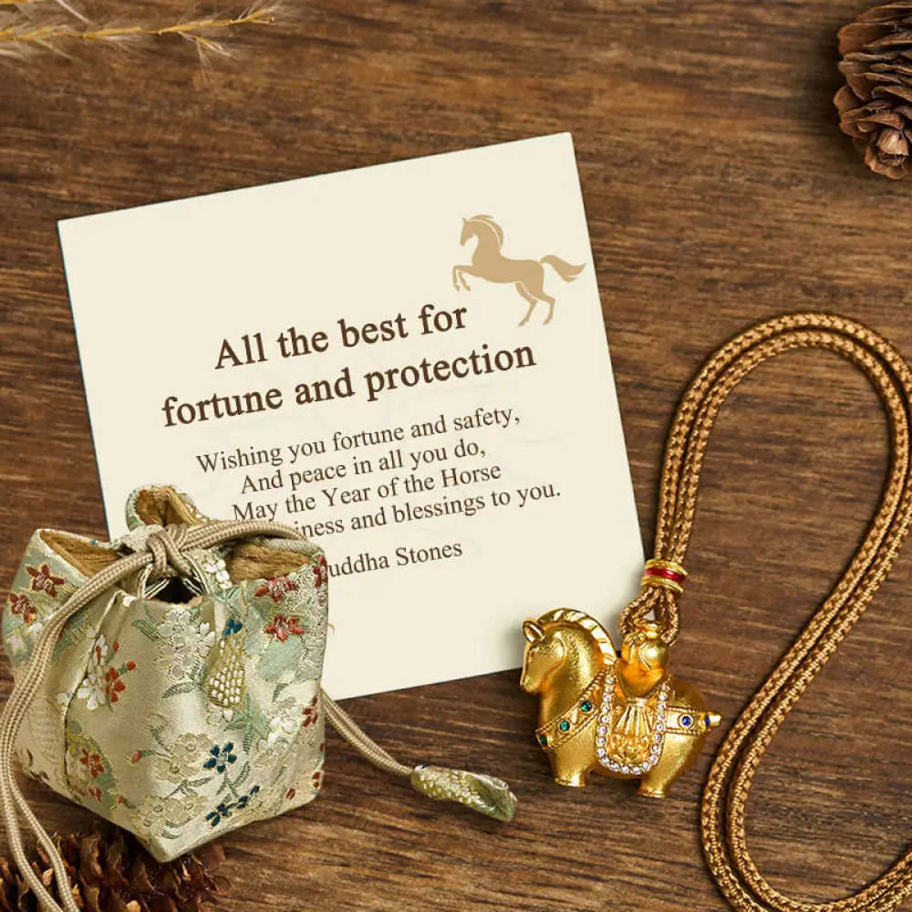 Buddha Stones ’All The Best For Fortune And Protection’ Year Of The Horse 24k Gold Plated Brass Necklace Includes Gift