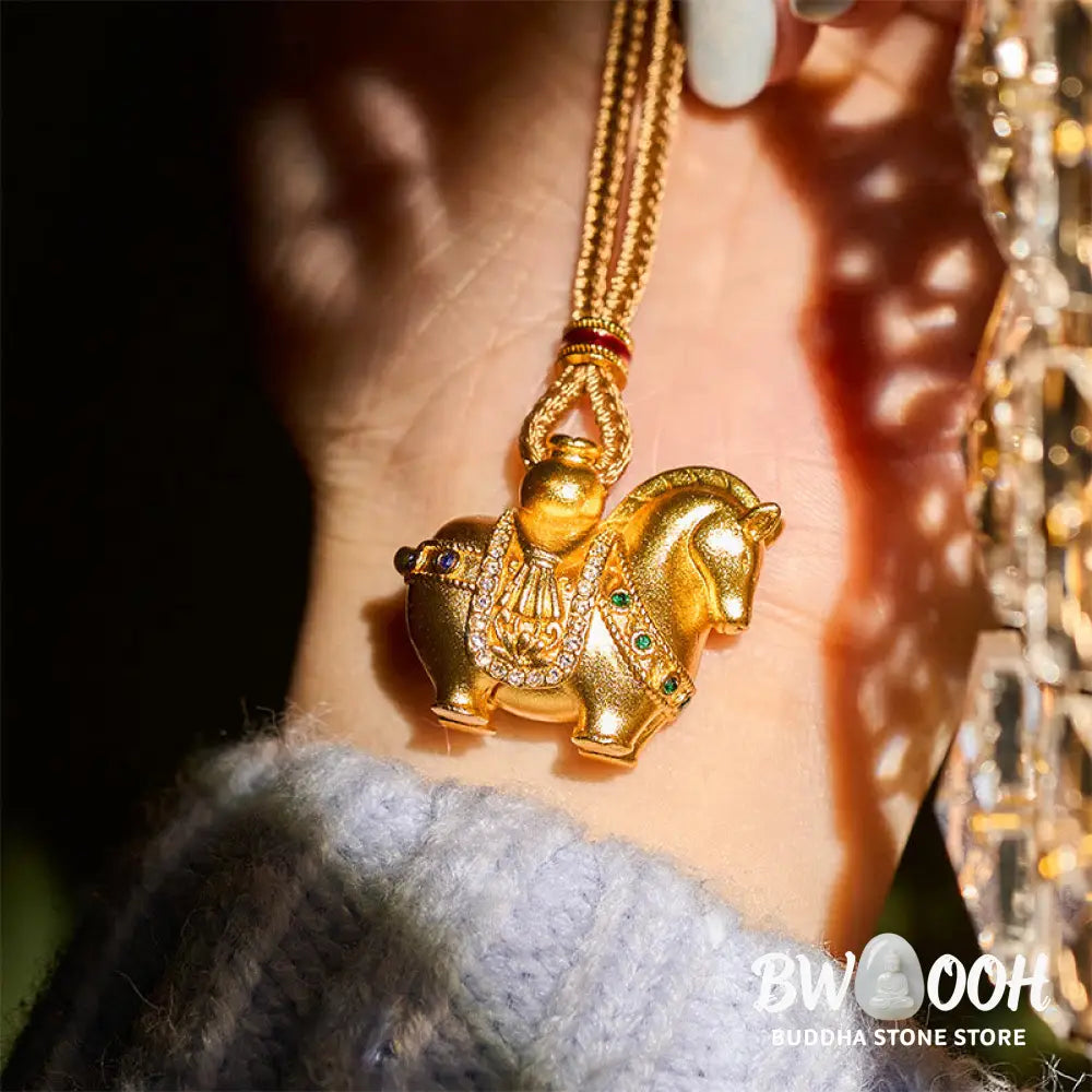 Buddha Stones ’All The Best For Fortune And Protection’ Year Of The Horse 24k Gold Plated Brass Necklace Includes Gift
