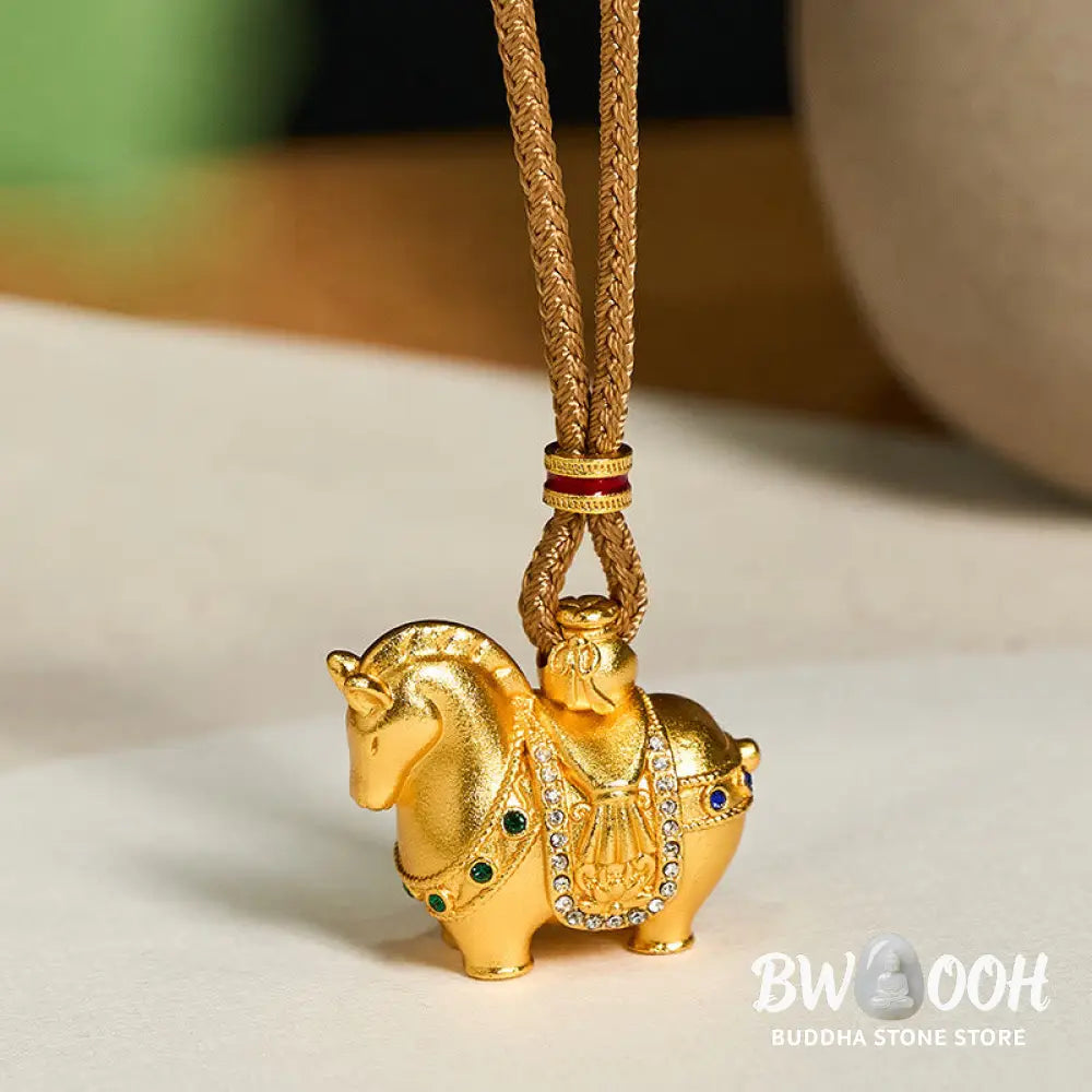 Buddha Stones ’All The Best For Fortune And Protection’ Year Of The Horse 24k Gold Plated Brass Necklace Includes Gift
