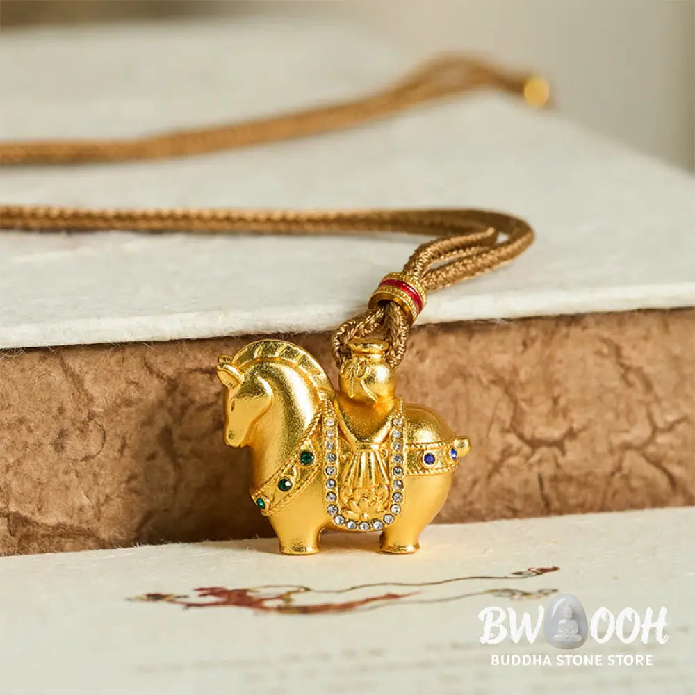 Buddha Stones ’All The Best For Fortune And Protection’ Year Of The Horse 24k Gold Plated Brass Necklace Includes Gift