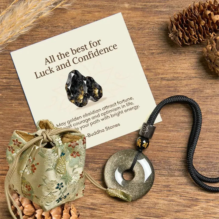 Buddha Stones ’All the best for Luck and Confidence’ Obsidian Necklace Includes Gift Message Card - BWOOOH - Gold Sheen